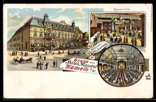 Lithographie Hameln, Hotel Monopol mit Restaurant und Saal