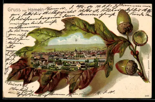 Passepartout-Lithographie Hameln, Teilansicht der Stadt auf Eichenblatt