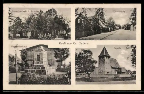 AK Grossliedern, Gasthaus v. A. Schulz, Kriegerdenkmal, Kapelle