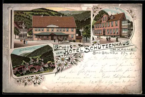Lithographie Bad Grund, Hotel Schützenhaus, Villa Krone, Ortsansicht