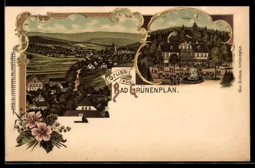 Lithographie Bad Grünenplan, Kurhaus, Ortsansicht mit umliegenden Feldern