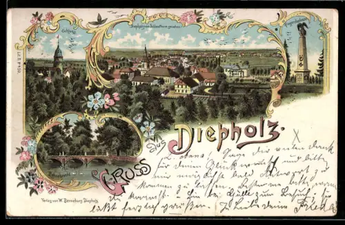 Lithographie Diepholz, Totalansicht, Lohnebrücke, Schloss