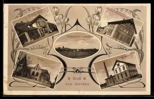 AK Gerdau, Kirche, Gasthaus v. W. Knop, Molkerei, Kolonialwarenhandlung A. Waenecke