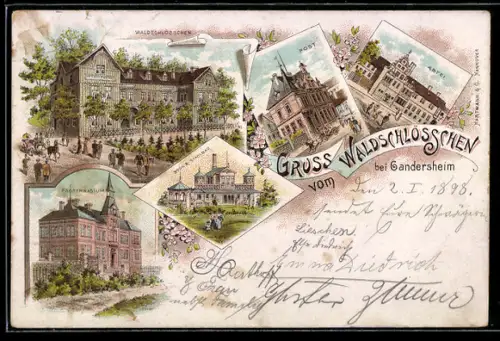 Lithographie Bad Gandersheim, Waldschlösschen, Post, Abtei, Progymnasium, Sool & Stahlbad