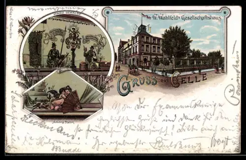 Lithographie Celle, Das W. Wahlfeld's Gesellschaftshaus, Wand Gemälde, Amors Heim, Blumenverzierung