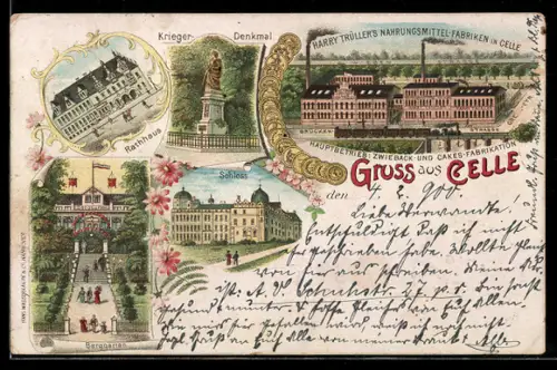 Lithographie Celle, Harry Trüller`s Nahrungsmittel-Fabriken Brückenstrasse Ecke Grenz-Strasse, Berggarten, Schloss