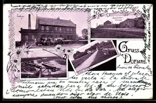 Lithographie Dorum, Bahnhof, Molkerei, Strassenpartie, Dorumer Teif, Blumen