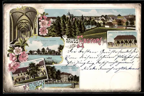 Lithographie Ebstorf, Kirche und Kloster mit Klosterhof, Kreuzgang, Marktplatz mit Hotel Altes Posthaus