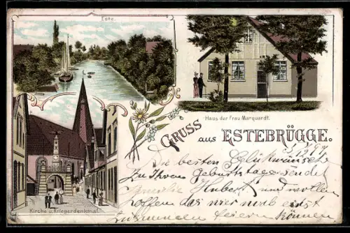 Lithographie Estebrügge, Haus der Frau Marquardt, Kirche u.Kriegerdenkmal, Este