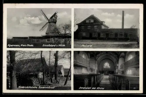 AK Apensen /Stade, Molkerei, Schiessstand und Mühle, Innenansicht der Kirche, Niedersächsisches Bauernhaus