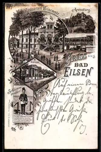 Lithographie Bad Eilsen, Restaurant Heinemeyer, Arendsburg, Kursaal