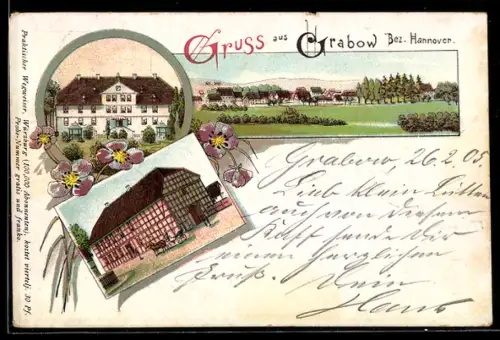 Lithographie Grabow / Lüchow, Grosses Bauernhaus, Gutshaus, Blick zum Ort