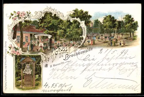 Lithographie Brockeswalde, Gasthaus zur Waldeslust, Brockes-Büste