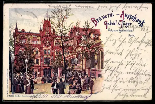 Lithographie Berlin, Brauerei-Ausschank Gabriel & Jäger Gustav Kloss, Zehdenicker Strasse 10