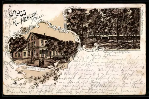 Lithographie Kl. Hehlen b. Celle, Restaurant Löhr, Waldpartie mit Brücke
