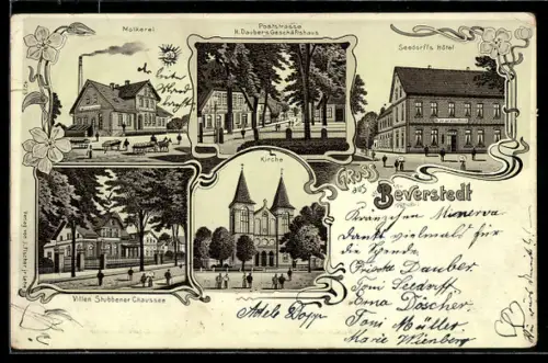 Lithographie Beverstedt, Seedorffs Hotel, Poststrasse mit Geschäftshaus H. Dauber, Molkerei