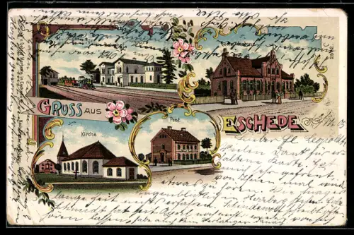 Lithographie Eschede, Bahnhof, Eisenbahn, Postamt