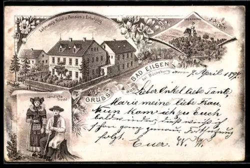 Lithographie Bad Eilsen bei Bückeburg, Lehmanns Hotel und Pension zur Erholung, Arenburg, Ländliche Tracht