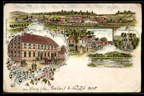 Lithographie Gielde, Ortsansicht, Gasthof v. August Koch, Rittergut Altenrode und Kaiser Wilhelm Denkmal