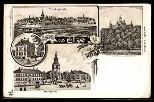 Lithographie Elze, Postamt, Marienburg, Marktplatz