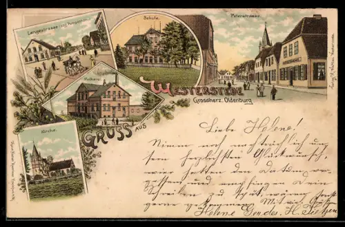 Lithographie Westerstede /Odenburg, Molkerei, Kirche, Schule