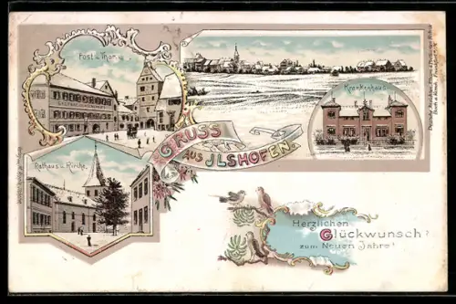 Winter-Lithographie Ilshofen, Krankenhaus, Post-Tor, Rathaus und Kirche, Neujahrsgruss
