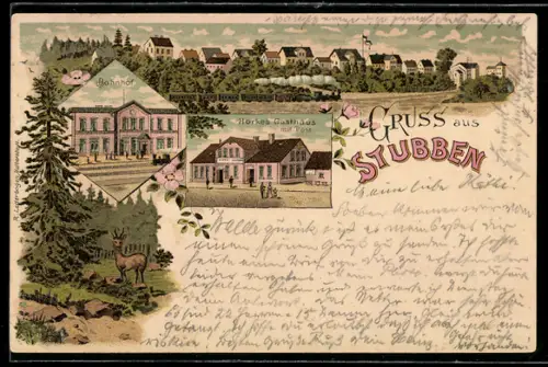 Lithographie Stubben / Wesermünde, Bahnhof, Gasthaus Harke, Totalansicht mit Eisenbahn