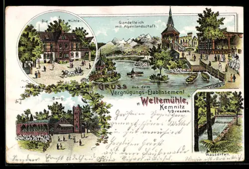 Lithographie Kemnitz b. Dresden, Vergnügungs-Etablissement, Gondelteich, Wasserfall, Burg und die Mühle