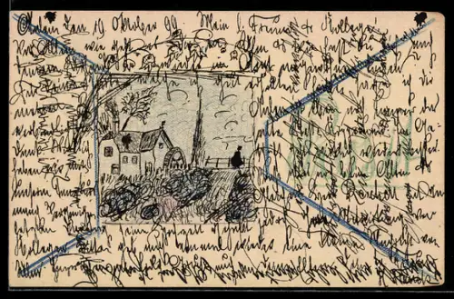Künstler-AK Handgemalt: Aalen, Ortspartie mit Herrenhaus und einer Person