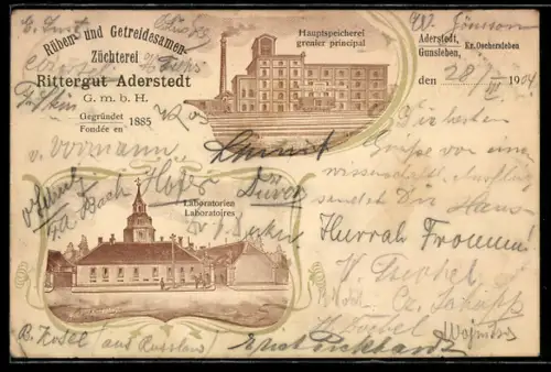 Lithographie Aderstedt /Gunsleben, Rüben- und Getreidesamen-Züchterei, Hauptspeicher und Laboratorien