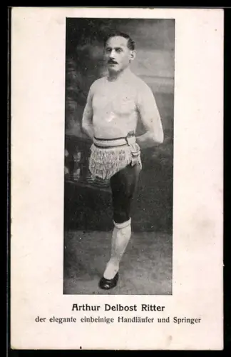 Foto-AK Arthur Delbost Ritter, der elegante einbeinige Handläufer und Springer, Akrobat