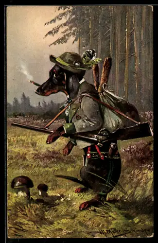 Künstler-AK M. Müller jun.: vermenschlichter Dackel als Jäger