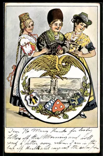 Künstler-AK drei Mädchen im Dirndl