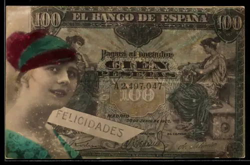 AK Spanischer Geldschein, 100 Pesetas, Porträt einer Dame mit elegantem Hut