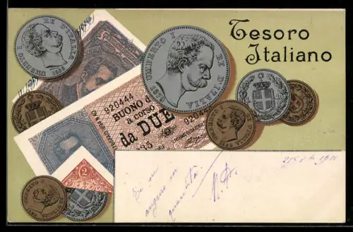 AK Italienische Münzen und Banknoten, Münzen mit Portrait König Umberto I., Geld