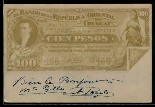 AK Geldschein aus Uruguay über 100 Pesos