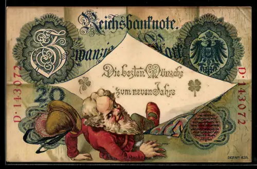 AK Reichsbanknote über 20 Mark, Zwerg mit Hut durchbricht den Geldschein