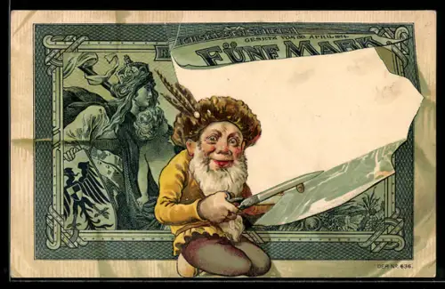 AK Geldschein Deutschland über 5 Mark, Zwerg zerschneidet die Banknote