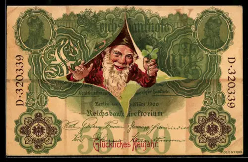 AK Geldschein 50 Reichsmark, Zwerg mit Kleeblatt