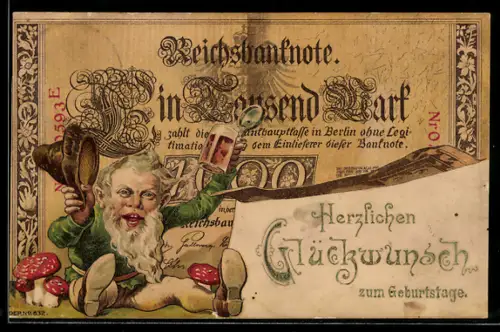 AK Reichsbanknote über 1000 Mark, Zwerg mit Bierglas, Geld