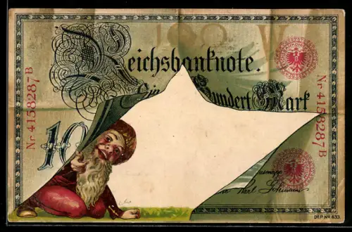 AK Zwerg schaut durch eine 100-Mark-Reichsbanknote, Geldschein