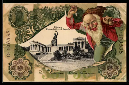 AK Reichsbanknote über 50 Mark, Zwerg durchbricht den Geldschein, Ruhmeshalle und Bavaria in München