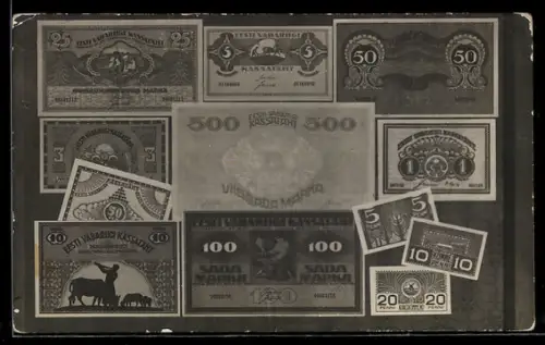 AK Darstellung estnischer Geldscheine von 1 bis 500 Marka