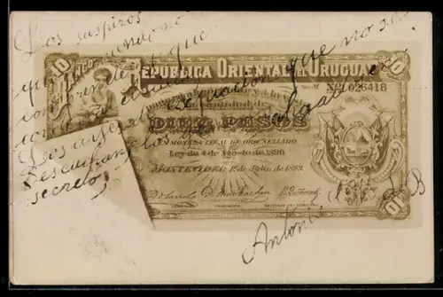 AK Geldschein Uruguay über 10 Pesos
