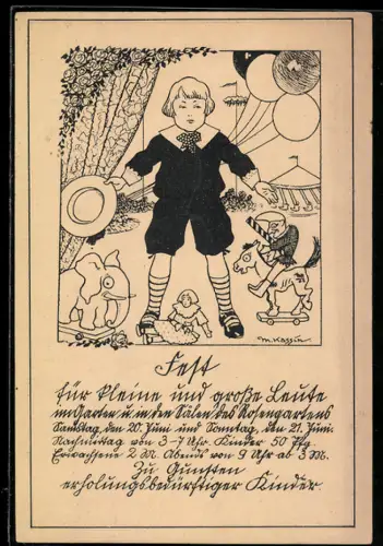 Künstler-AK sign. M. Kassin: Mannheim, Kind zwischen verschiedenen Spielzeugen und Luftballons