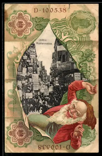 AK Leipzig, Mustermesse im Geldscheinpassepartout mit Zwerg, Reichsbanknote 50 Mark