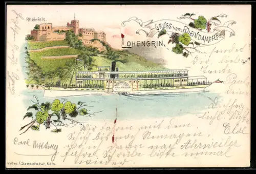 Lithographie Rheindampfer Lohengrin am Rheinfelsen