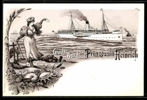 Lithographie Passagierschiff Prinzessin Heinrich, Dame im Kleid winkt Schiff zu