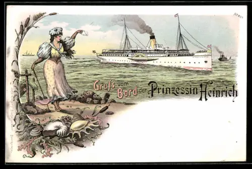 Lithographie Passagierschiff Prinzessin Heinrich, Dame im Kleid winkt dem Schiff zu