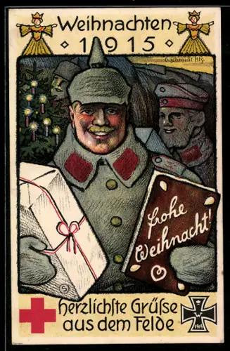 AK Nürnberg, Rotes Kreuz, Weihnachtsgruss 1915, Deutscher Soldat mit Lebkuchen